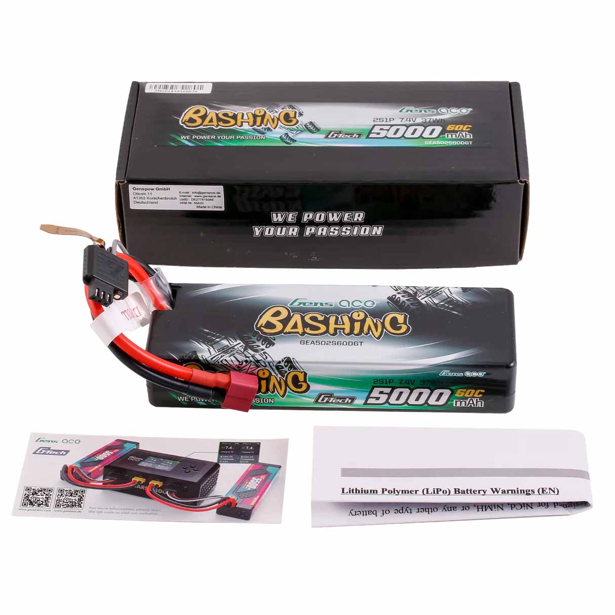 Batterie LiPo 2S 7,4 V - 5000 mAh - 60C (Deans) GensAce Bashing, 136 x 48 x 25 mm, 250 g, G-Tech