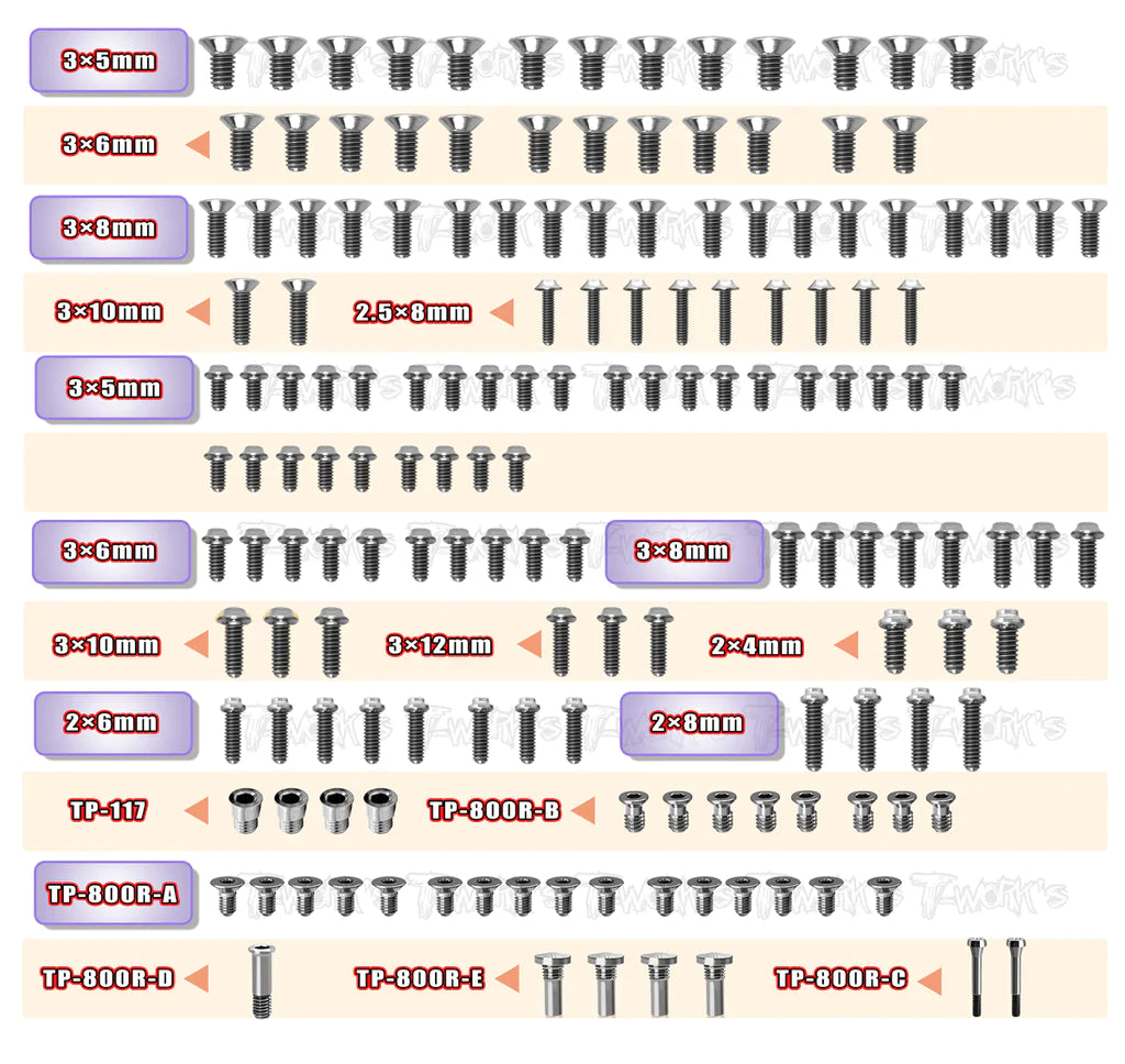 T-Works TSSU-A800R 64 Titanium Screw set (UFO Head) 158pcs. for Awesomatix A800R - RCXX - rc racing for professionals