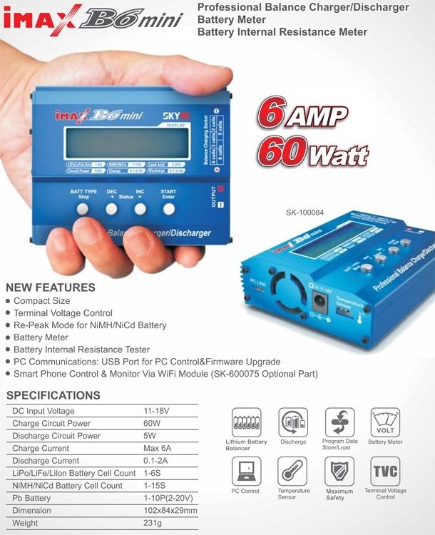 SkyRC B6 Mini Charger 60W 6A 1-6S 12VDC - SK-100084-02 - RCXX - RC Racing Shop | RC Models | Tuning & Spare Parts for Professionals