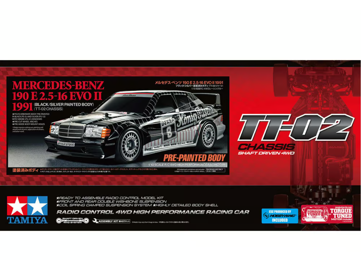 Tamiya 1/10 Mercedes-Benz 190 E 2.5-16 EVO II (peinture noire/argentée) – TT-02 - 47525